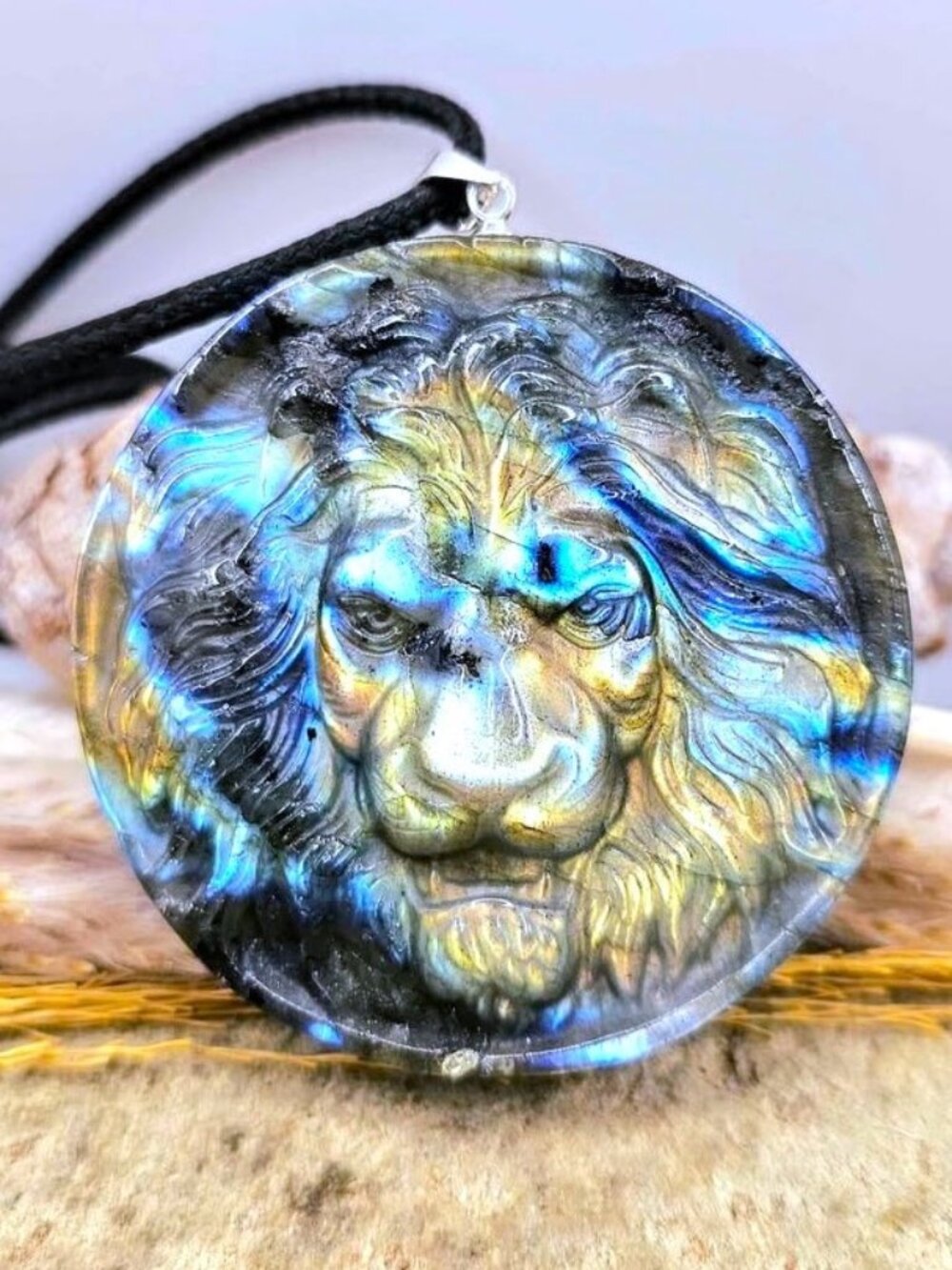 Nature Labradorite Carved Lion Head Pendant Necklace